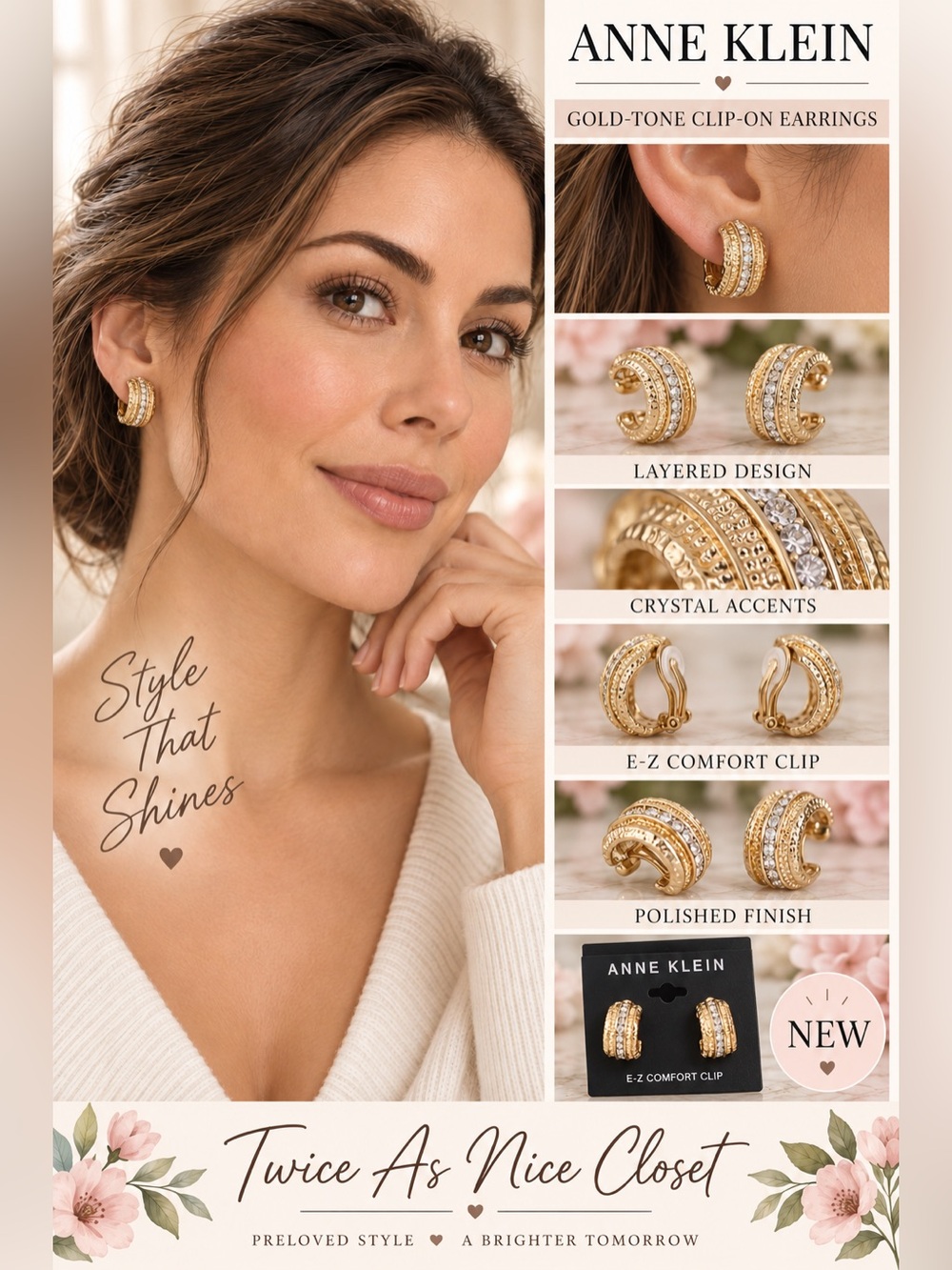 Anne Klein Gold Layered Crystal Clip-On Earrings NEW